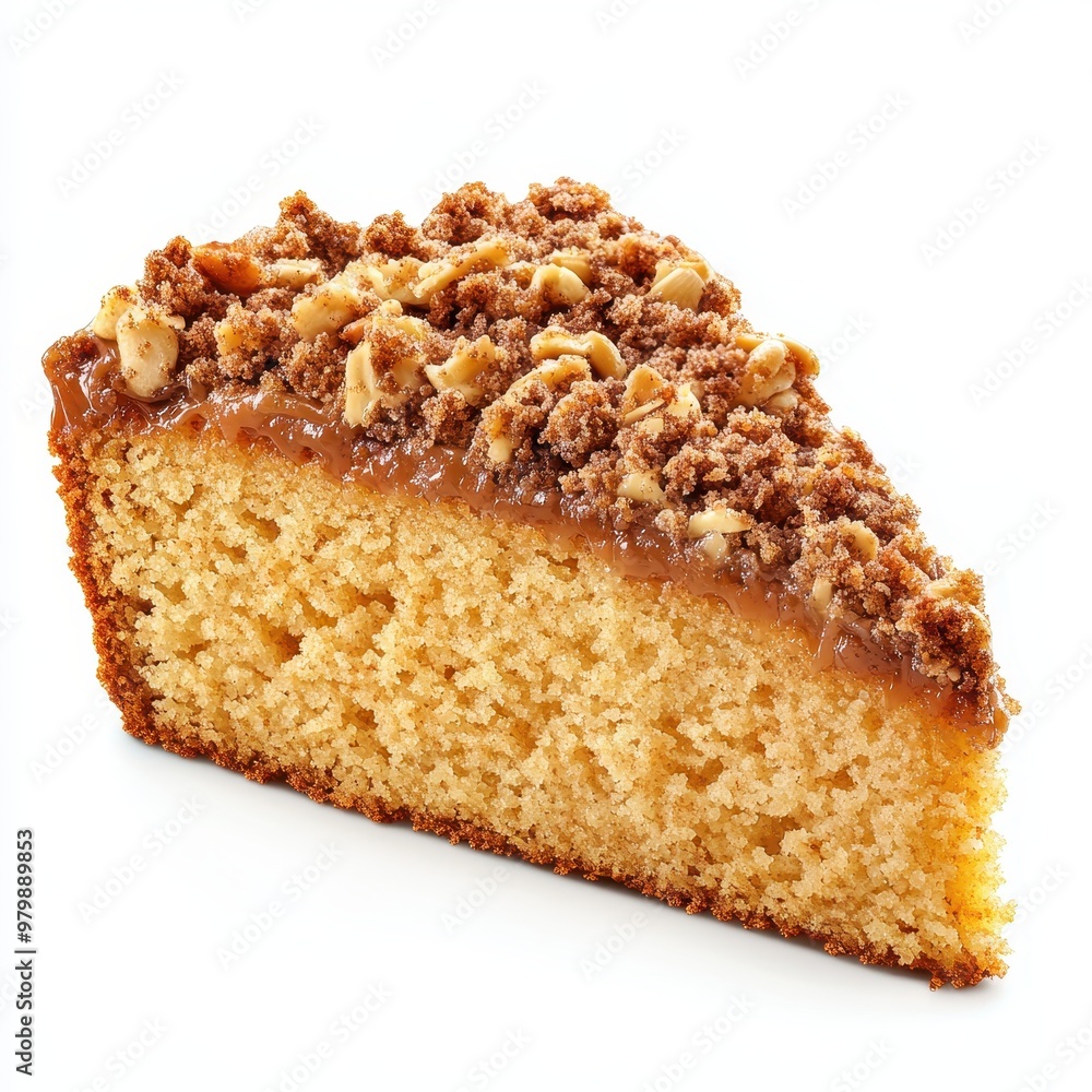 Delicious slice of crumb cake with a golden crust and crunchy topping, perfect for dessert or a sweet snack, white background Delicious slice of crumb cake with a golden crust and crunchy topping, perfect for dessert or a sweet snack, white background