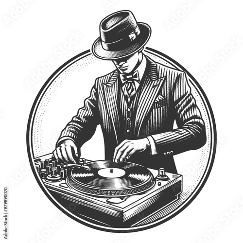 vintage DJ, mixing music on turntable, classic elegance with modern music culture sketch engraving generative ai fictional character vector illustration. Scratch board imitation. Black and white image