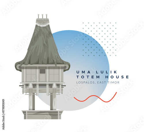 Uma Lulik - sacred totem houses - Lospalos, East Timor - Stock Illustration photo