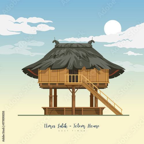 Uma Lulik - sacred totem houses - Lospalos, East Timor - Stock Illustration photo