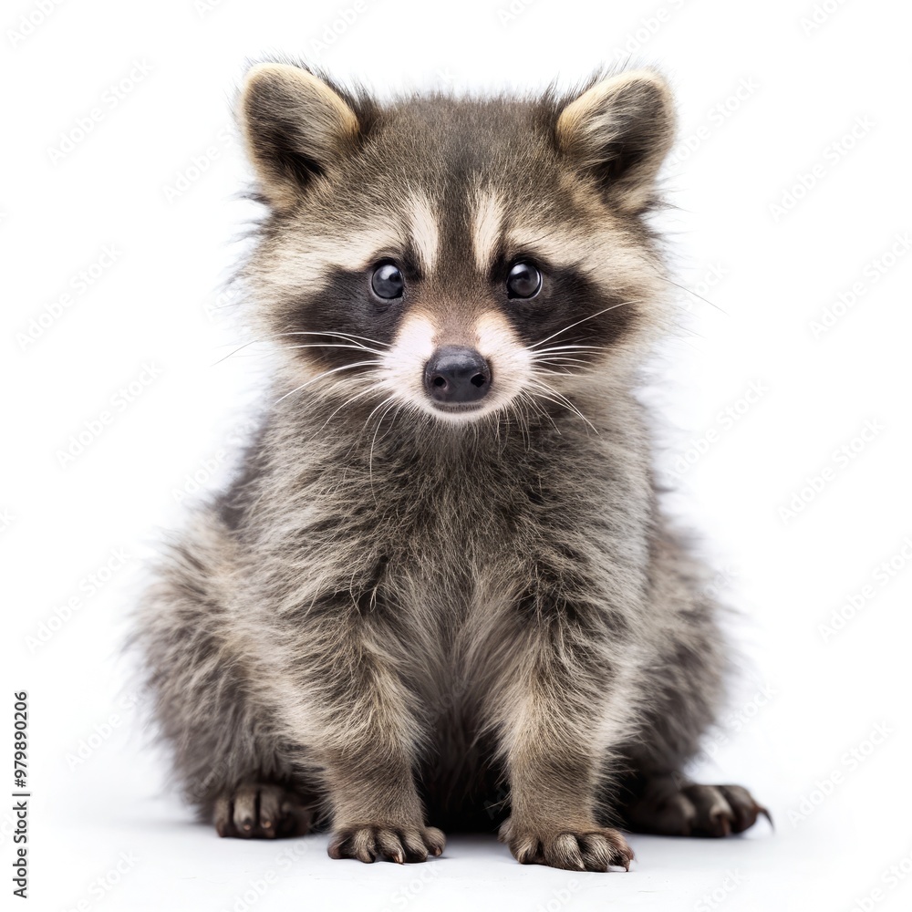 Young raccoon sitting upright on a white background near a standard scale. Generative AI Young raccoon sitting upright on a white background near a standard scale. Generative AI