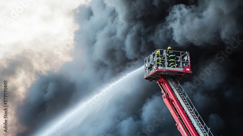 Firefighters Extinguishing Massive Blaze on Ladder Truck Amid Thick Smoke in Emergency Rescue Operation, Generated AI