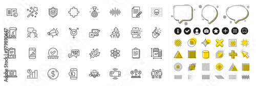 Set of Article, Cyber attack and Genders line icons for web app. Design elements, Social media icons. Dog leash, Winner reward, Rating stars icons. Floor plan, Teamwork, People chatting signs. Vector
