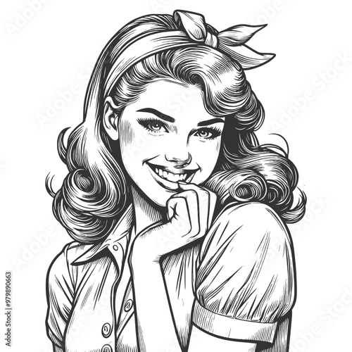Playful smiling beautiful young woman flirty biting her finger sketch engraving generative ai fictional character vector illustration. Scratch board imitation. Black and white image.