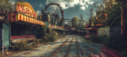 A deserted amusement park, with empty rides, closed concession stands, and overgrown pathways photo