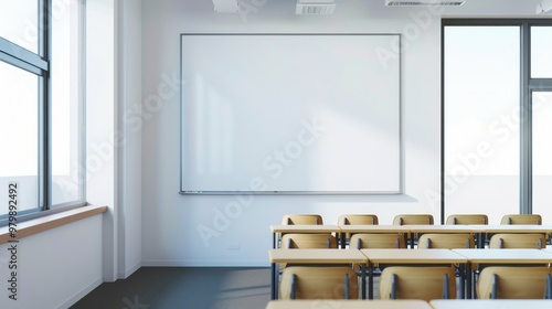 A large empty classroom with a projector screen