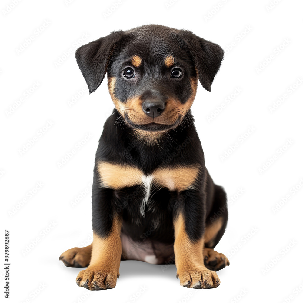Small black puppy dog is sitting and looking up with curiosity, isolated on white background Small black puppy dog is sitting and looking up with curiosity, isolated on white background