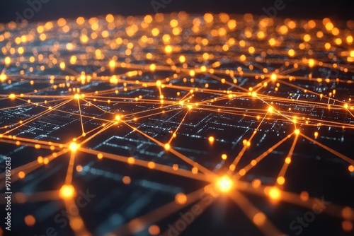 Glowing neural network of connected orange nodes spread across a dark grid symbolizing data flow artificial intelligence and advanced computational systems