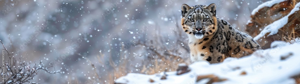 Obraz premium Majestic snow leopard cautiously traverses a snowy landscape, blending harmoniously with its wintry surroundings.