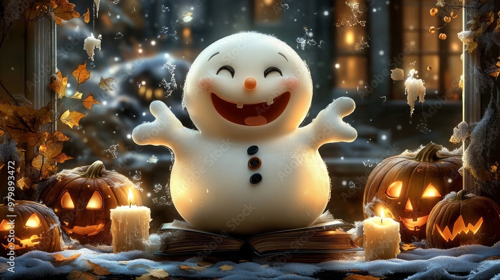 Obraz premium Cheerful snowman sits on a book, surrounded by lit pumpkins and candles on a snowy halloween night, creating a warm and cozy scene perfect for celebrating the holiday season