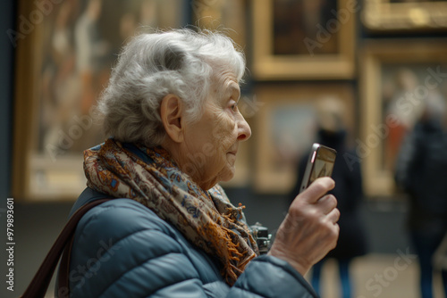 Older woman enjoying a virtual museum tour