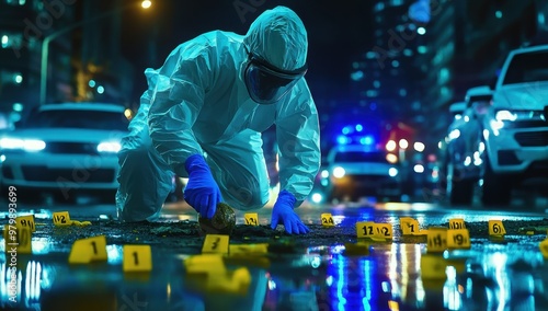 A crime scene investigation professional in a white protective suit and blue gloves is carefully collecting an item from the ground, surrounded by yellow markers with numbers Generative AI