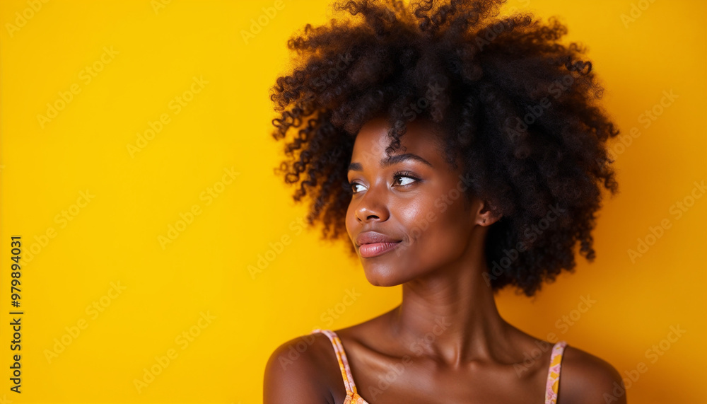 Portrait of a confident African American woman with curly hair, set against mustard yellow.
Portrait of a confident African American woman with curly hair, set against mustard yellow.