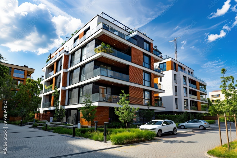 Sustainable Modern Apartment Building with Solar Panels and Wind Turbines Sustainable Modern Apartment Building with Solar Panels and Wind Turbines