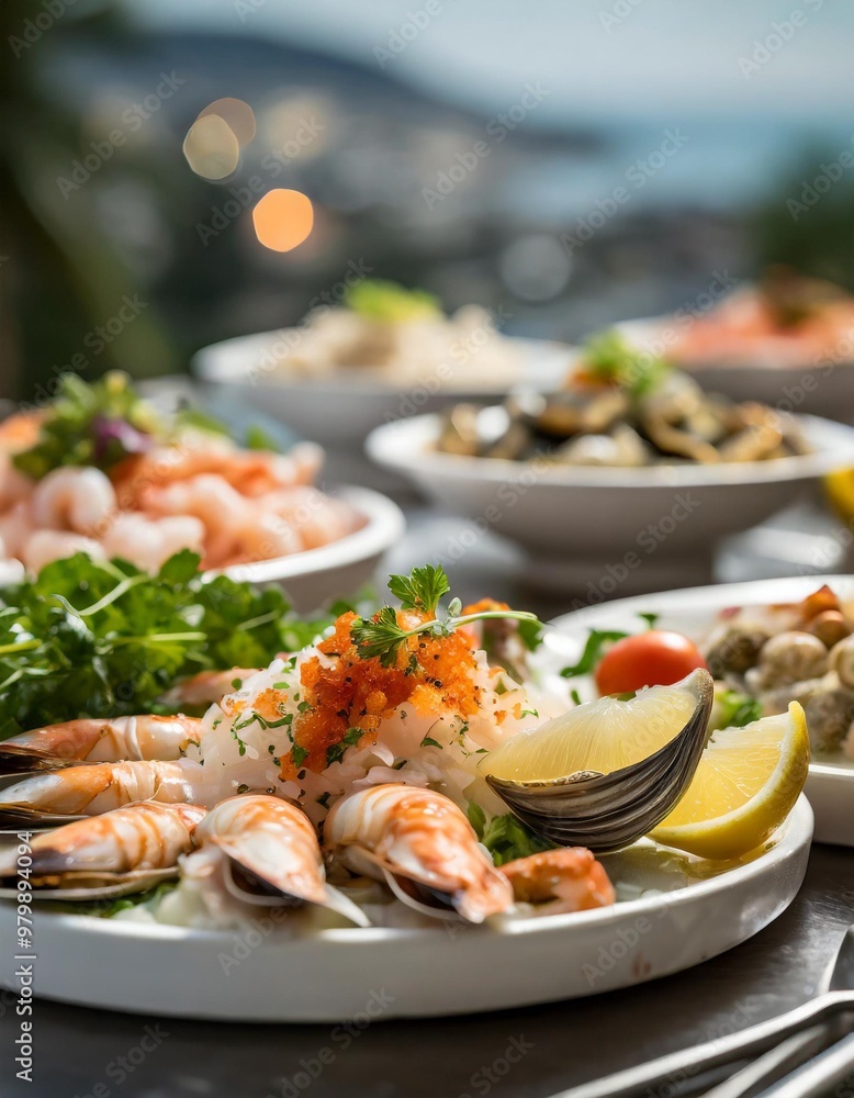 Fresh seafood platters with depth of field showcasing an assortment of shellfish and vibrant garnishes Fresh seafood platters with depth of field showcasing an assortment of shellfish and vibrant garnishes