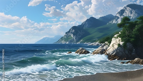 serene coastal landscape with majestic mountains and tranquil sea photo