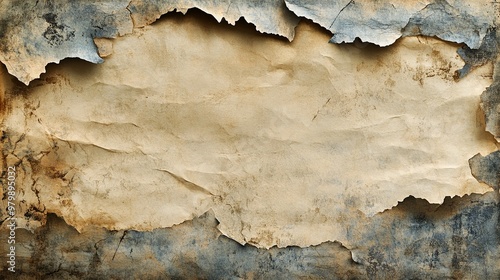 Distressed paper with a ragged edge, revealing a layered and timeworn appearance, reminiscent of a torn sheet. 