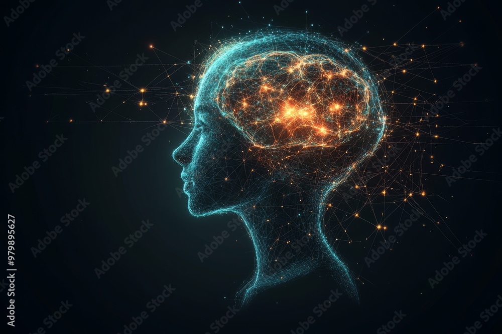 Glowing outline of a human brain in profile with neural sparks against a dark background symbolizing cognitive intelligence thought processes and brain activity Glowing outline of a human brain in profile with neural sparks against a dark background symbolizing cognitive intelligence thought processes and brain activity