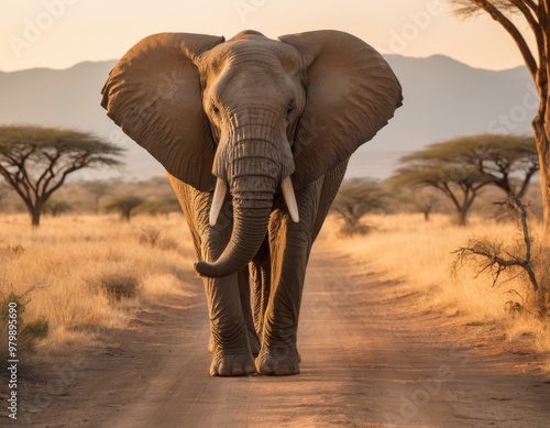 Elephant on Savannah Road at Sunset