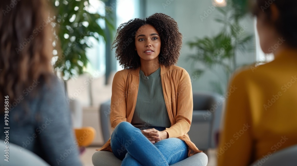 Female psychologist leading diverse group therapy session in modern office Female psychologist leading diverse group therapy session in modern office