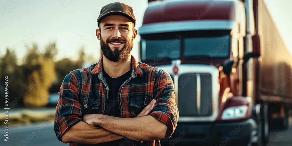 Bearded man smiling confidently as he stands in front of his truck with arms crossed wearing a hat. Bearded man smiling confidently as he stands in front of his truck with arms crossed wearing a hat.