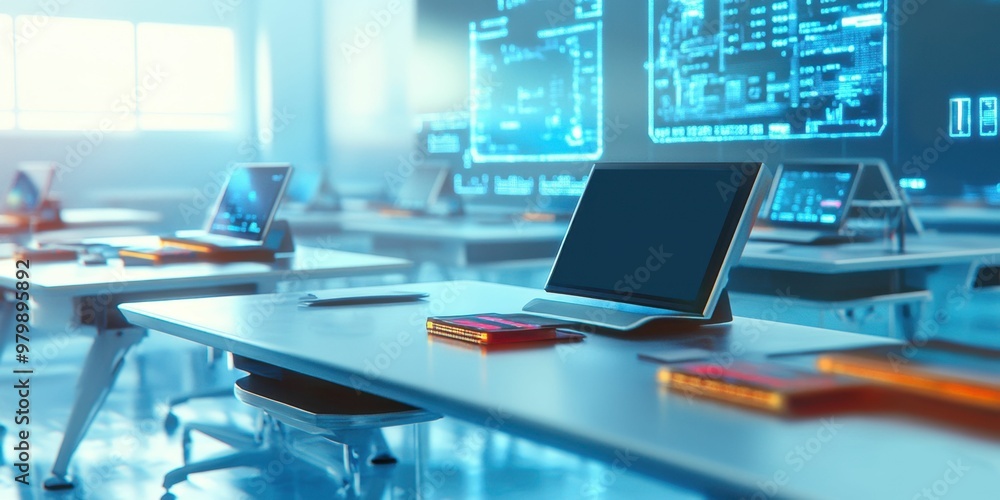 © DNY3D - Futuristic empty classroom with holographic blackboards and virtual reality learning experience