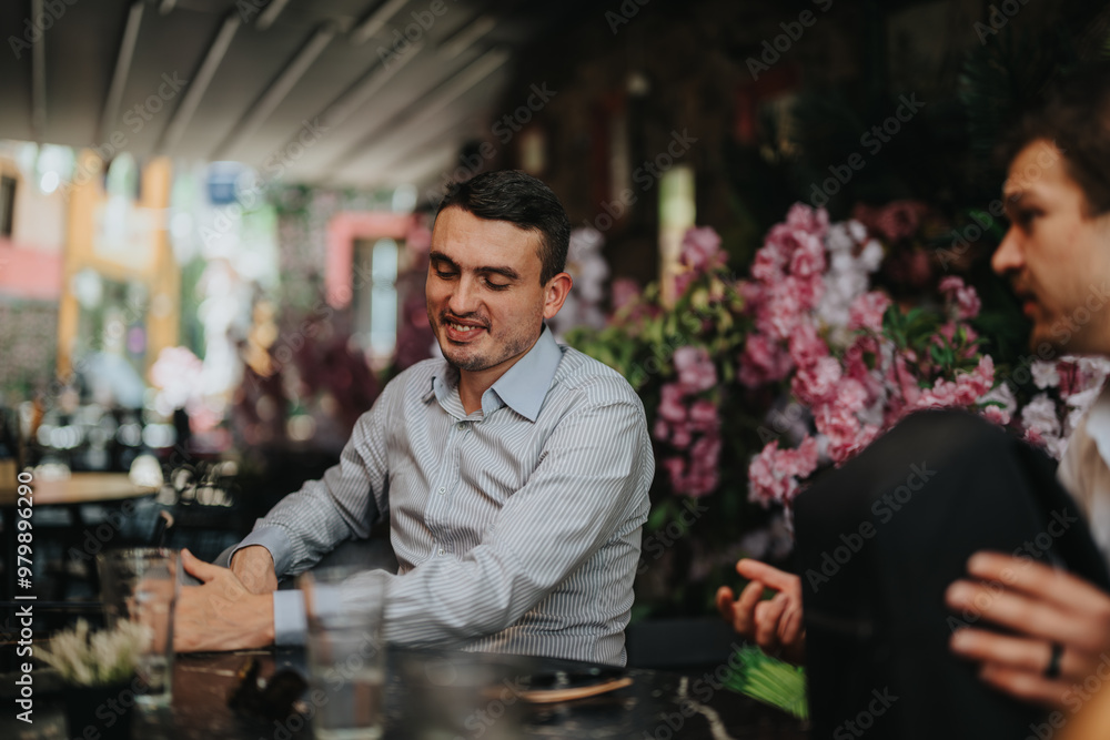 Two men engage in a casual business conversation at an outdoor cafe surrounded by vibrant flowers. The setting exudes a relaxed and friendly atmosphere. Two men engage in a casual business conversation at an outdoor cafe surrounded by vibrant flowers. The setting exudes a relaxed and friendly atmosphere.