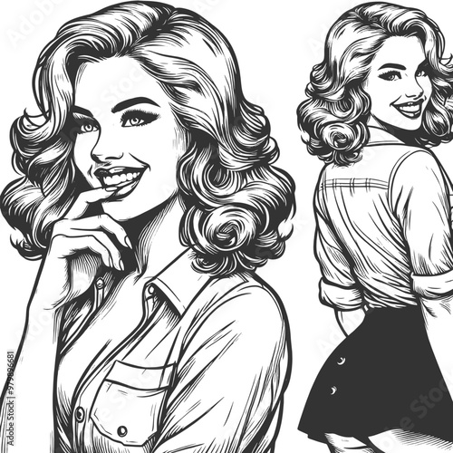 Playful smiling beautiful young woman flirty biting her finger sketch engraving generative ai fictional character vector illustration. Scratch board imitation. Black and white image.
