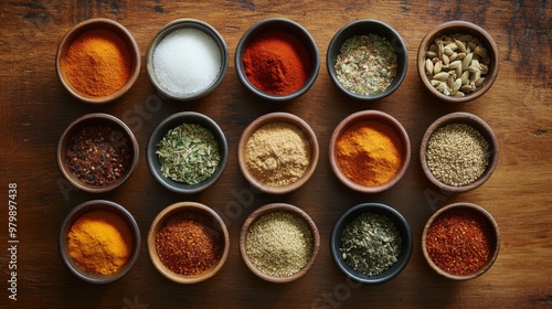 An overhead shot of various spices, including chili powder, arranged in small bowls on a wooden countertop, highlighting the rich colors and textures.