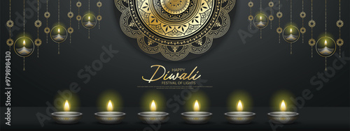 Happy Diwali - festival of lights colorful banner template design with decorative diya lamp.