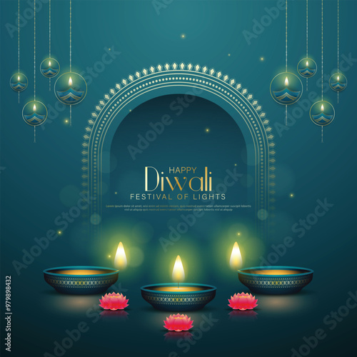 Happy Diwali - festival of lights colorful poster template design with decorative diya lamp