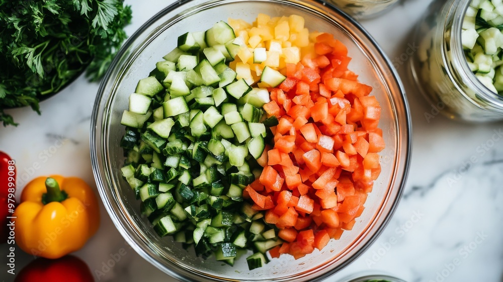 An overhead view of a bowl of diced mixed with other fresh vegetables, ready to be incorporated into a delicious meal, set on a bright kitchen surface. An overhead view of a bowl of diced mixed with other fresh vegetables, ready to be incorporated into a delicious meal, set on a bright kitchen surface.