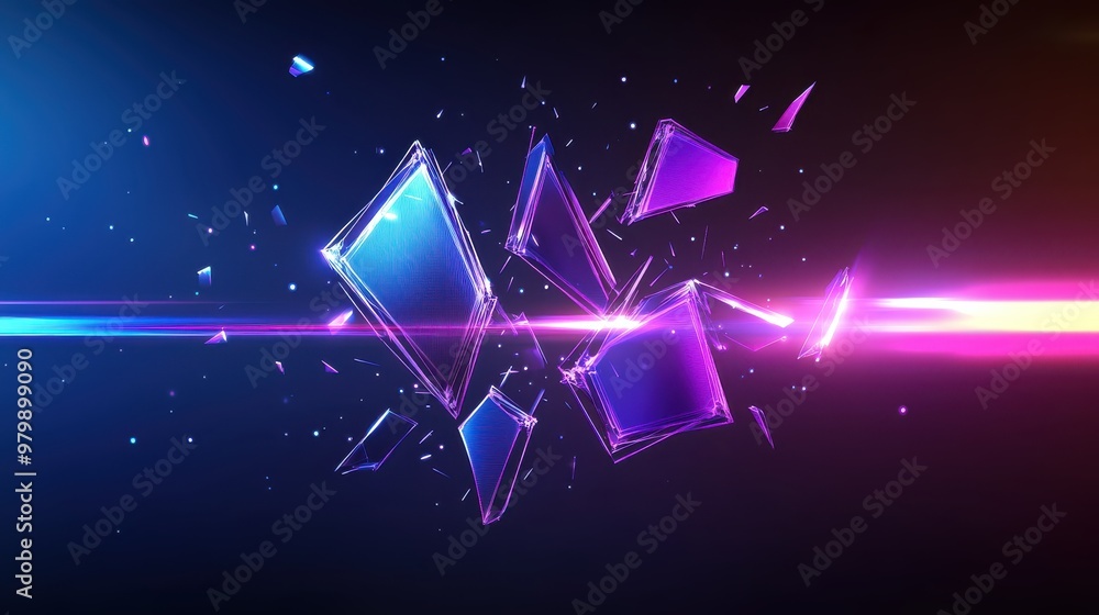A futuristic shatter vector with glowing neon pieces breaking apart in all directions, creating a vibrant, digital look. A futuristic shatter vector with glowing neon pieces breaking apart in all directions, creating a vibrant, digital look.
