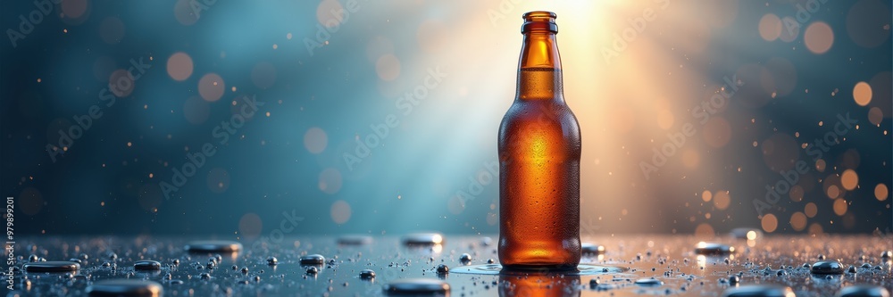 A stunning amber beer bottle stands out against a vibrant blue backdrop, illuminated by soft lighting, perfect for beverage marketing or promotional materials. A stunning amber beer bottle stands out against a vibrant blue backdrop, illuminated by soft lighting, perfect for beverage marketing or promotional materials.
