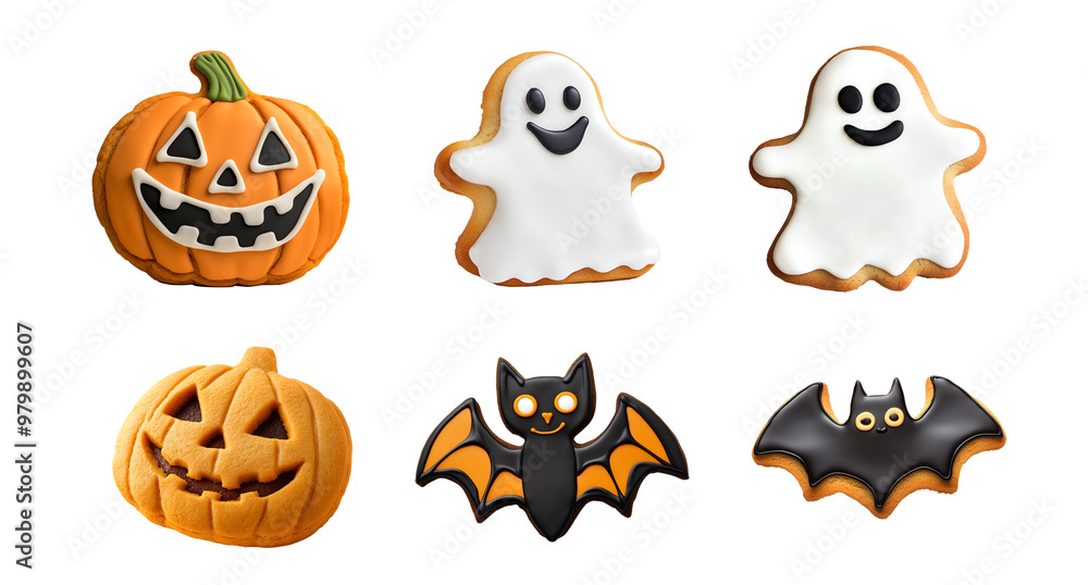 Collection set of Halloween candy cookies decorated with delicious ghost, bat, vampire, and pumpkin with jack-o’-lantern face, Isolated on Transparent Background, PNG Collection set of Halloween candy cookies decorated with delicious ghost, bat, vampire, and pumpkin with jack-o’-lantern face, Isolated on Transparent Background, PNG