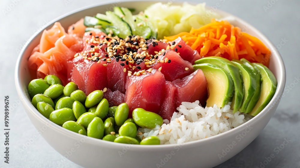 A colorful poke bowl with marinated tuna, avocado slices, edamame, and pickled vegetables, neatly arranged on a bed of sushi rice and garnished with sesame seeds A colorful poke bowl with marinated tuna, avocado slices, edamame, and pickled vegetables, neatly arranged on a bed of sushi rice and garnished with sesame seeds
