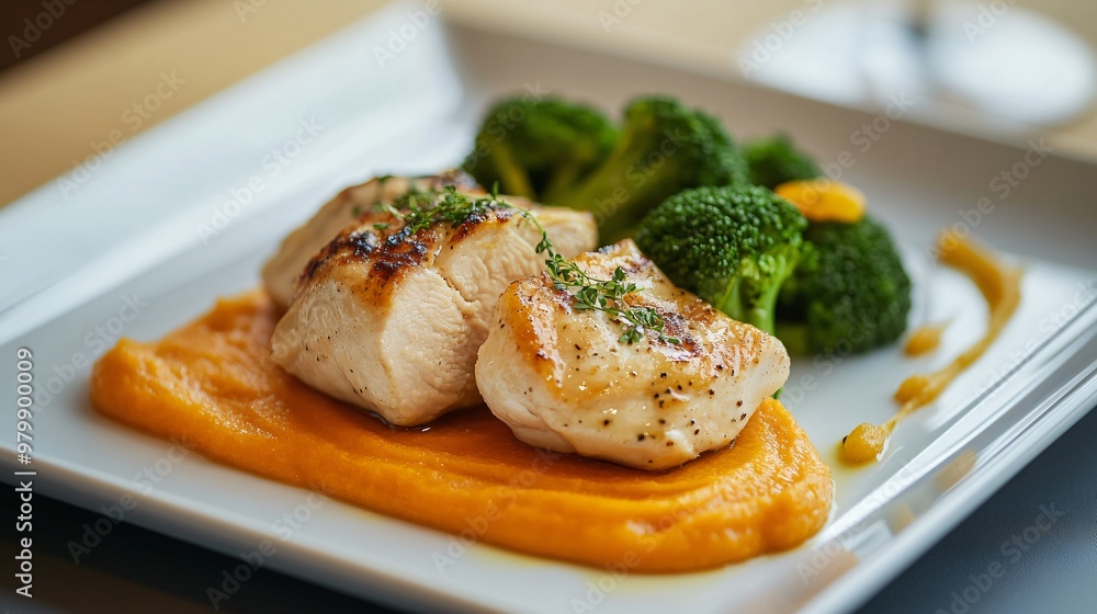 A delicate plate of poached chicken breast, served with steamed broccoli, a carrot purée, and a light citrus vinaigrette on a sleek rectangular dish A delicate plate of poached chicken breast, served with steamed broccoli, a carrot purée, and a light citrus vinaigrette on a sleek rectangular dish