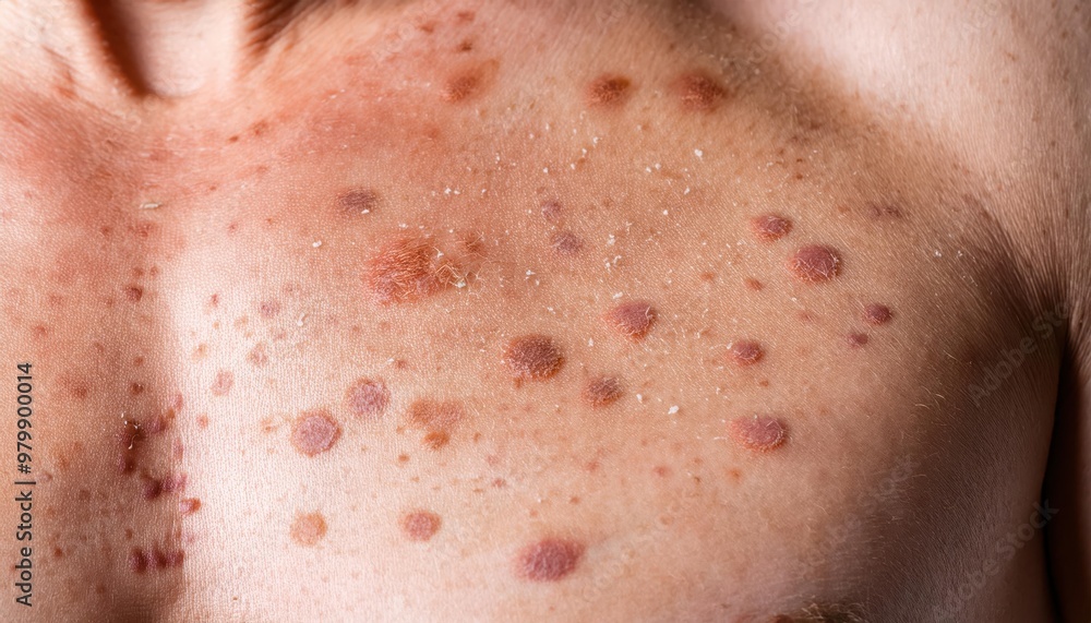 Naklejka premium Close-up of Inflamed Red Plaques on Skin. Dermatological Symptoms of Psoriasis or Eczema Showcasing Red, Raised, Scaly Patches on Light Skin, Depicting a Severe Skin Condition. Allergic Reaction