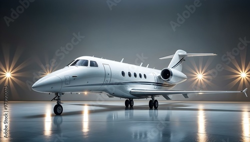 Sleek private jet in a spacious hangar, perfect for a high-end advertisement setting.