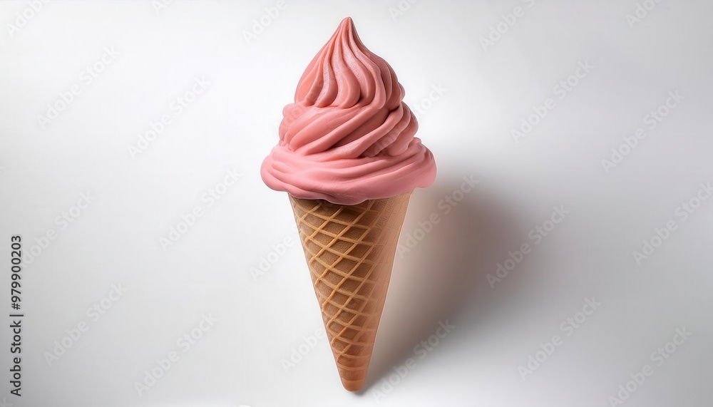 Close-up of a Perfectly Swirled Soft-Serve Strawberry Ice Cream Cone with a Crisp Waffle Cone Against a Minimalist White Background, Highlighting Smooth, Creamy Texture and Vibrant Pink Hue Close-up of a Perfectly Swirled Soft-Serve Strawberry Ice Cream Cone with a Crisp Waffle Cone Against a Minimalist White Background, Highlighting Smooth, Creamy Texture and Vibrant Pink Hue