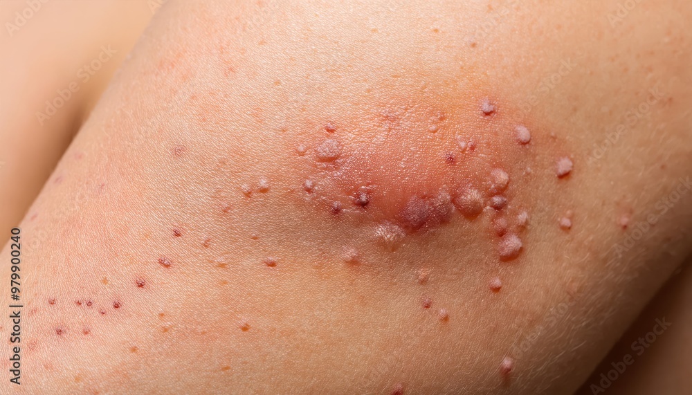 Fototapeta premium Close-up of Inflamed Red Plaques on Skin. Dermatological Symptoms of Psoriasis or Eczema Showcasing Red, Raised, Scaly Patches on Light Skin, Depicting a Severe Skin Condition. Allergic Reaction