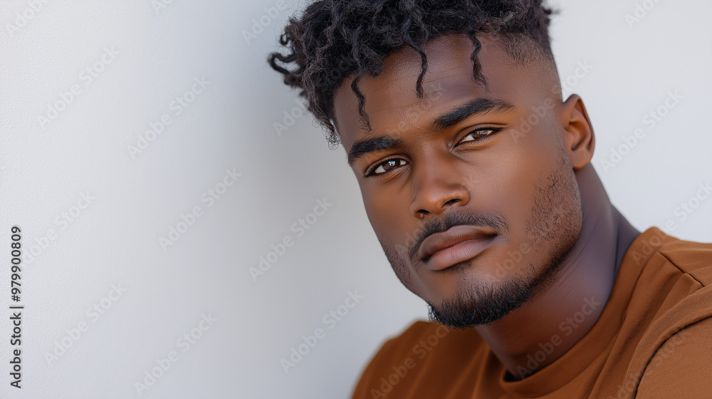 Obraz premium A high-detail, cinematic portrait of a young Black American man in a stylish modern outfit, standing in front of a white background. His expression is calm and inviting, with raw,