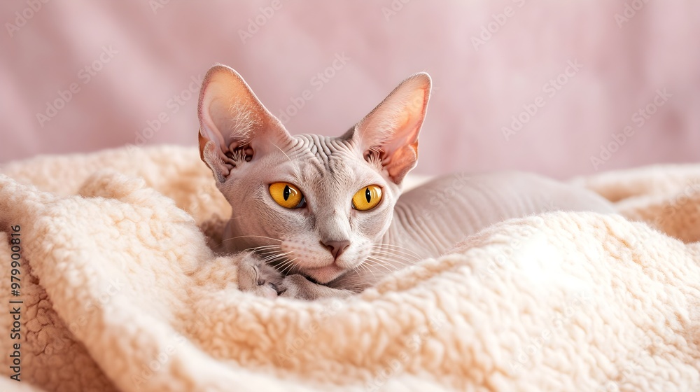 A Ukrainian Levkoy cat with distinctive folded ears lounging on a soft blanket, showcasing its unique features against a light solid color background