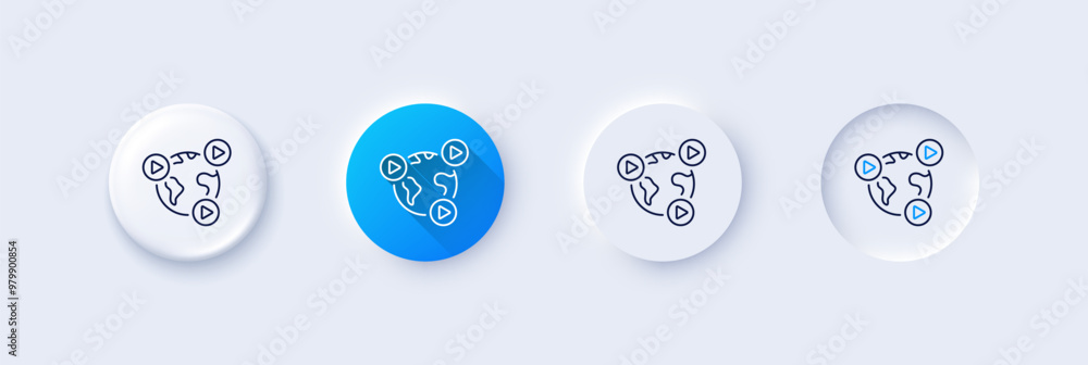 Virtual conference line icon. Neumorphic, Blue gradient, 3d pin buttons. Online training sign. Web presentation symbol. Line icons. Neumorphic buttons with outline signs. Vector Virtual conference line icon. Neumorphic, Blue gradient, 3d pin buttons. Online training sign. Web presentation symbol. Line icons. Neumorphic buttons with outline signs. Vector
