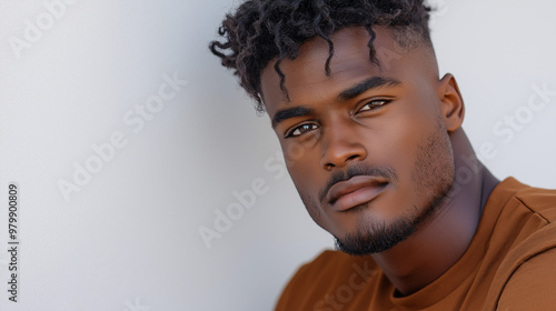 A high-detail, cinematic portrait of a young Black American man in a stylish modern outfit, standing in front of a white background. His expression is calm and inviting, with raw,