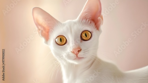 A close-up portrait of a Ukrainian Levkoy cat highlighting its expressive eyes and unique ear structure, set against a soft pastel backdrop photo