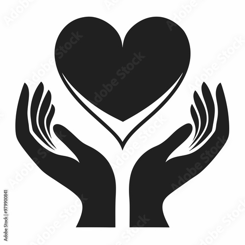 A pair of hands gently holding a heart symbol, silhouetted in black, with smooth, clean lines. The design emphasizes care and compassion. The style should be minimalistic and bold, with high contrast 