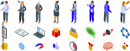 Refer friend icons set. Businesspeople using different methods for attracting referrals to increase sales and earn bonuses