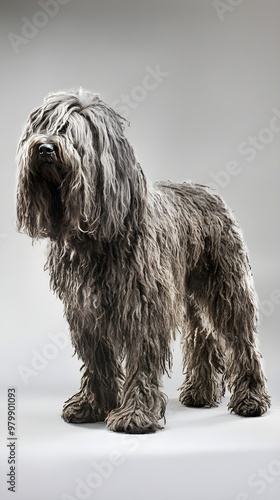 A Bergamasco dog standing proudly, showcasing its muscular build and unique fur, with ample copy space on a light solid color background photo