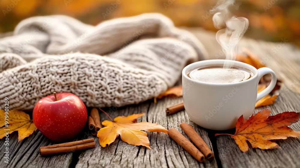 Steaming cup of hot cider with cozy sweater on rustic wooden table for autumn Steaming cup of hot cider with cozy sweater on rustic wooden table for autumn